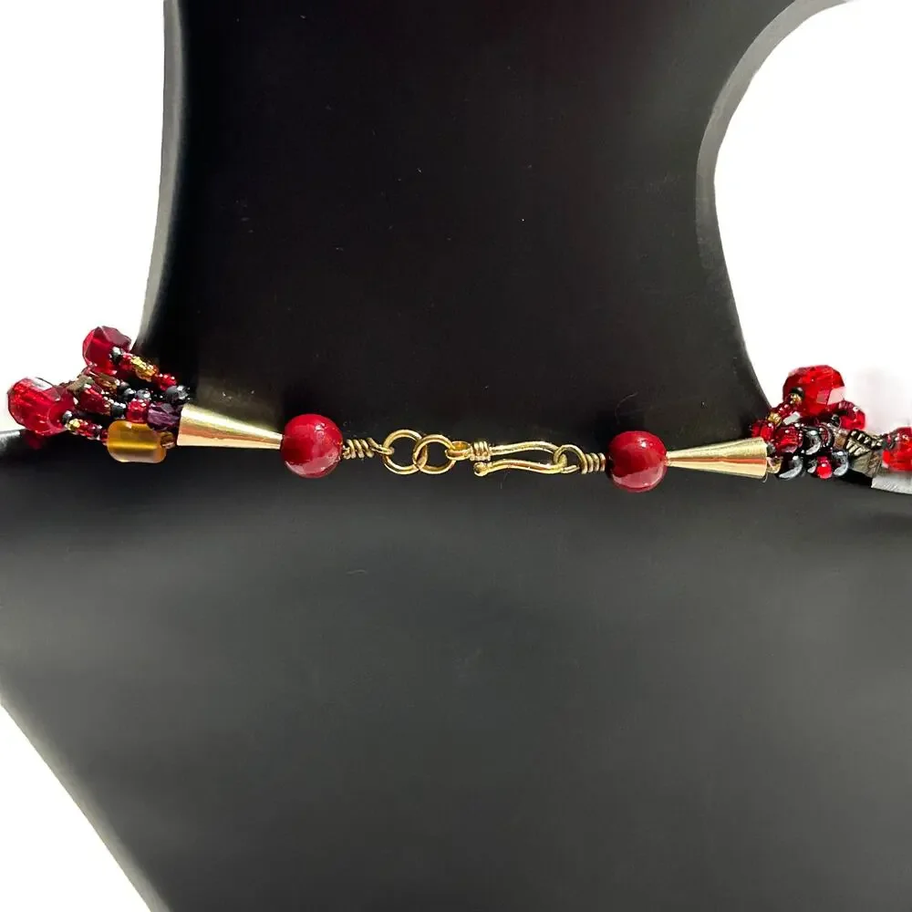 Red and Gold Multi-Strand Glass Bead Layered Necklace